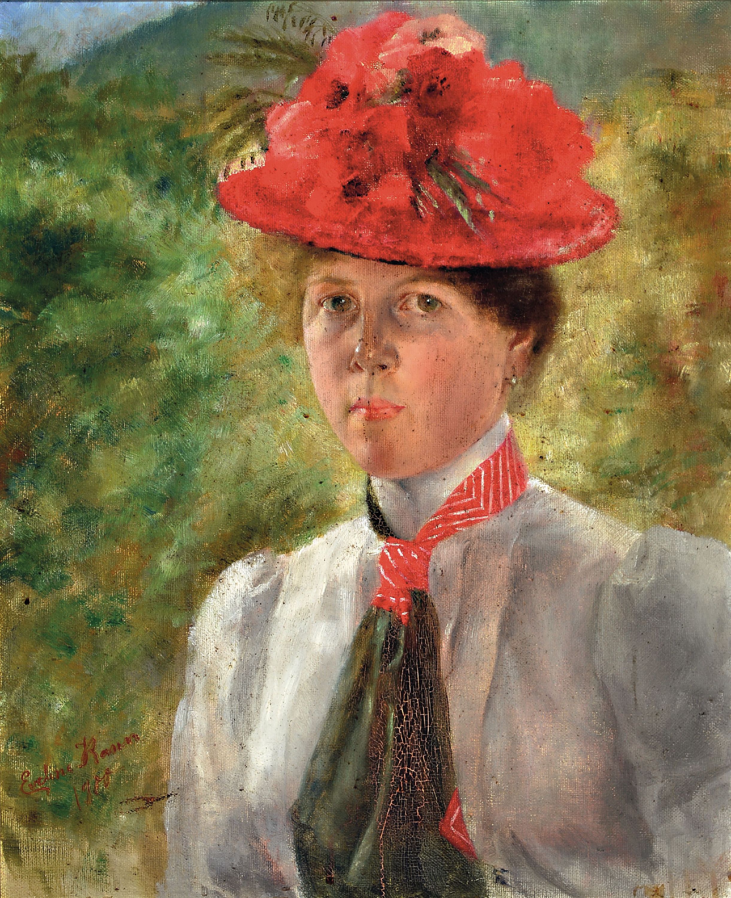 Image 27150071 - Eveline Kann, datiert 1900, Porträt einer jungen Frau mit Blumenhut, Öl/Lwd, ...