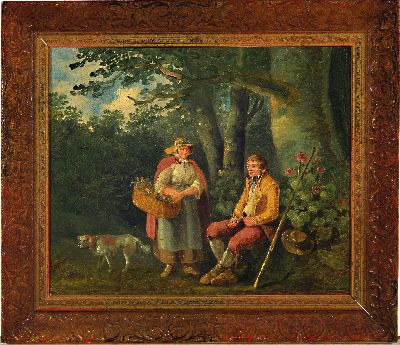 27150048k - Unbekannter Künstler, wohl deutsch, Mitte 19. Jh., Begegnung am Waldrand, Öl/Lwd, ...