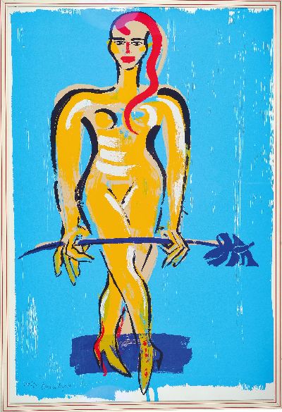 27150052k - Elvira Bach, geb. 1951, Frau mit Anthurie, Farbsiebdruck, handsign. und num. 42/60, ca. ...