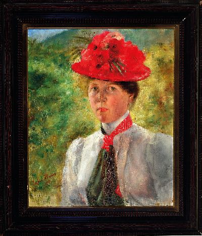 27150071k - Eveline Kann, datiert 1900, Porträt einer jungen Frau mit Blumenhut, Öl/Lwd, ...