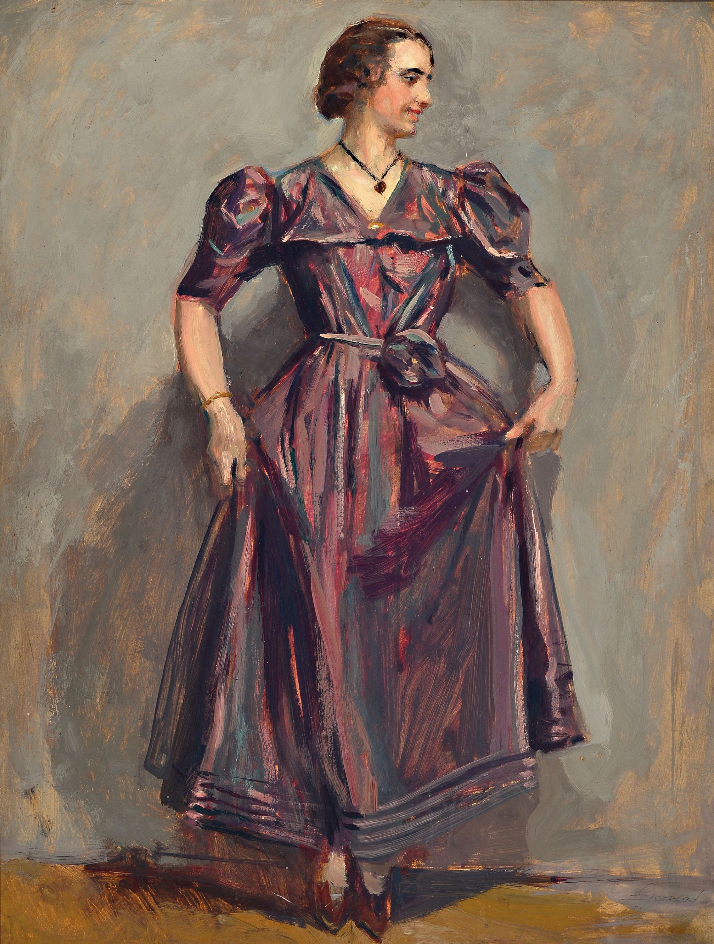 Image 27150271 - Lucien Hector Jonas, 1880 Anzin-1947 Paris, junge Frau im purpurfarbenen Kleid, links ...