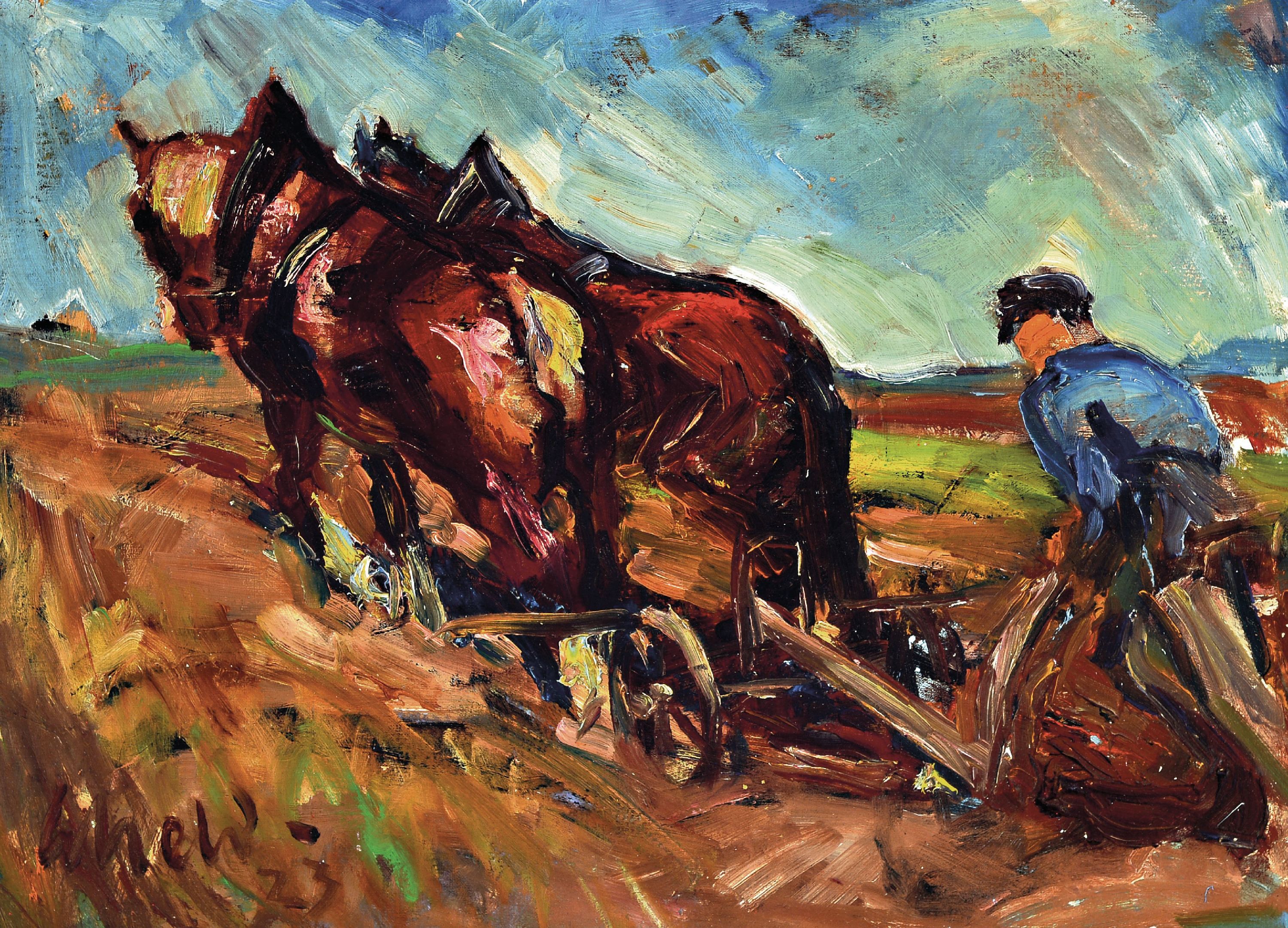 Image 27150275 - Karl Scheld, 1895 Lich/Oberhessen-1936 Darmstadt, pflügender Bauer, links unten ...