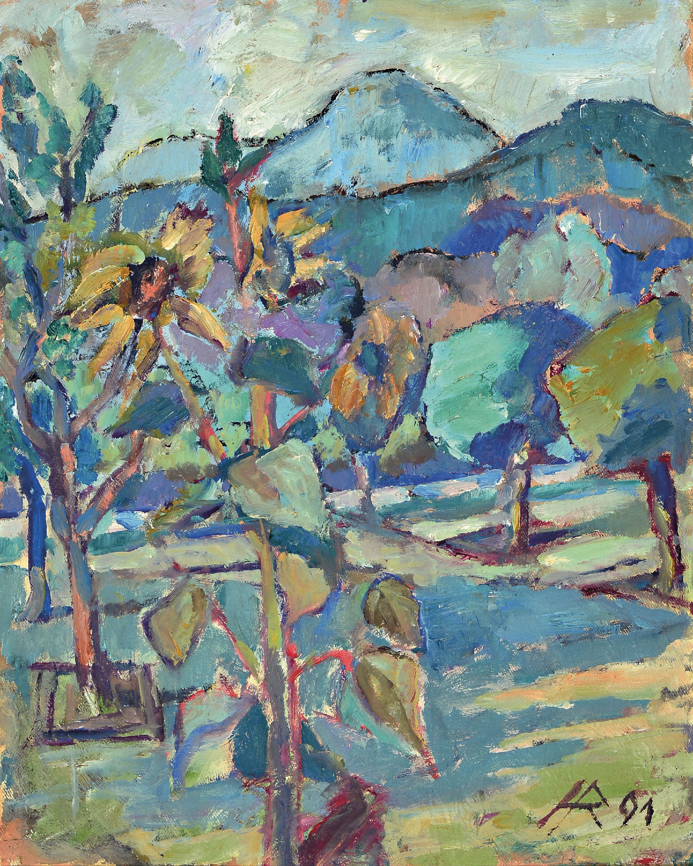Image 27150292 - Heinz Reiss, 1923 Haßloch-2008, pfälzer Landschaft mit Sonnenblumen vor der Haardt ...