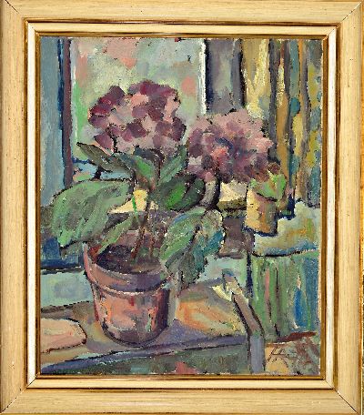 27150260k - Heinz Reiss, 1923 Haßloch-2008, Stillleben mit Blumen im Topf am Fenster, signiert und ...