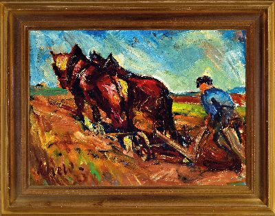 27150275k - Karl Scheld, 1895 Lich/Oberhessen-1936 Darmstadt, pflügender Bauer, links unten ...