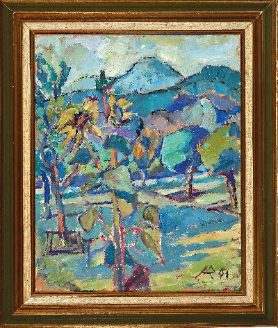 27150292k - Heinz Reiss, 1923 Haßloch-2008, pfälzer Landschaft mit Sonnenblumen vor der Haardt ...