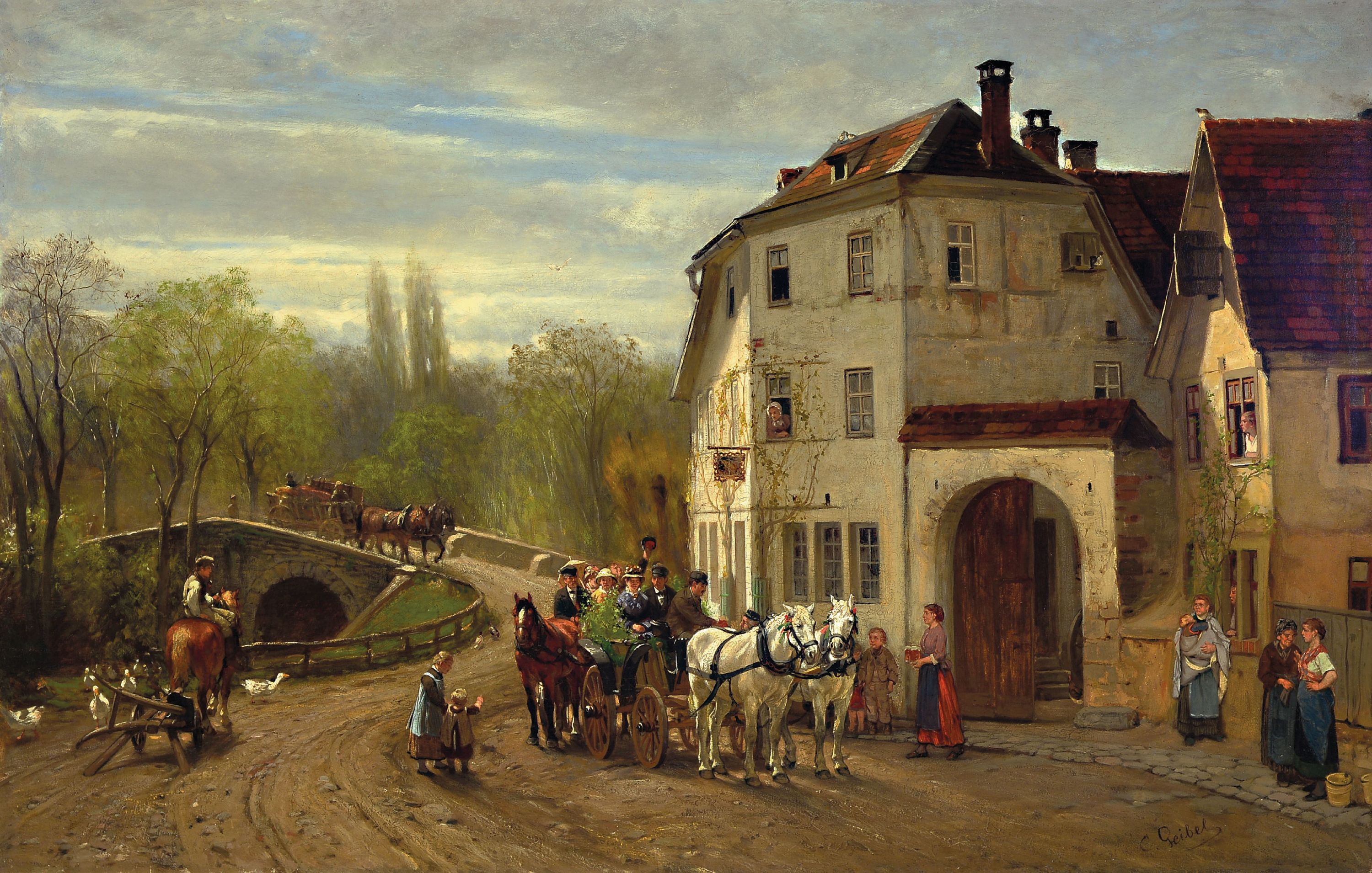 Image 27152200 - Casimir Geibel, 1839 Kreuznach-1896 Weimar, Dorflandschaft mit Festzug vor der Brauerei, ...