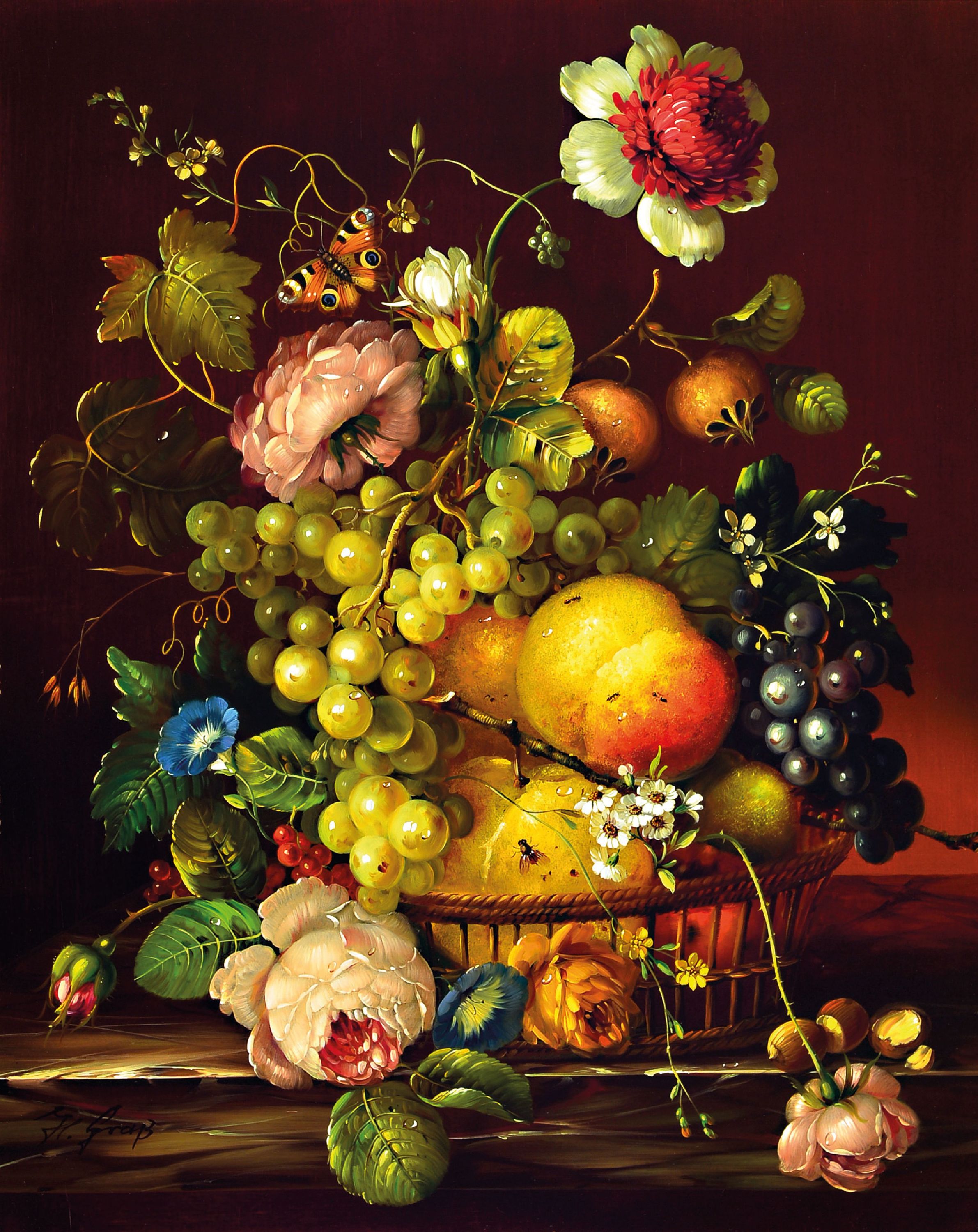 Image 27152213 - Hans Graß, 1935-2014, üppiges Blumen- und Früchtestillleben mit Insekten in alter ...