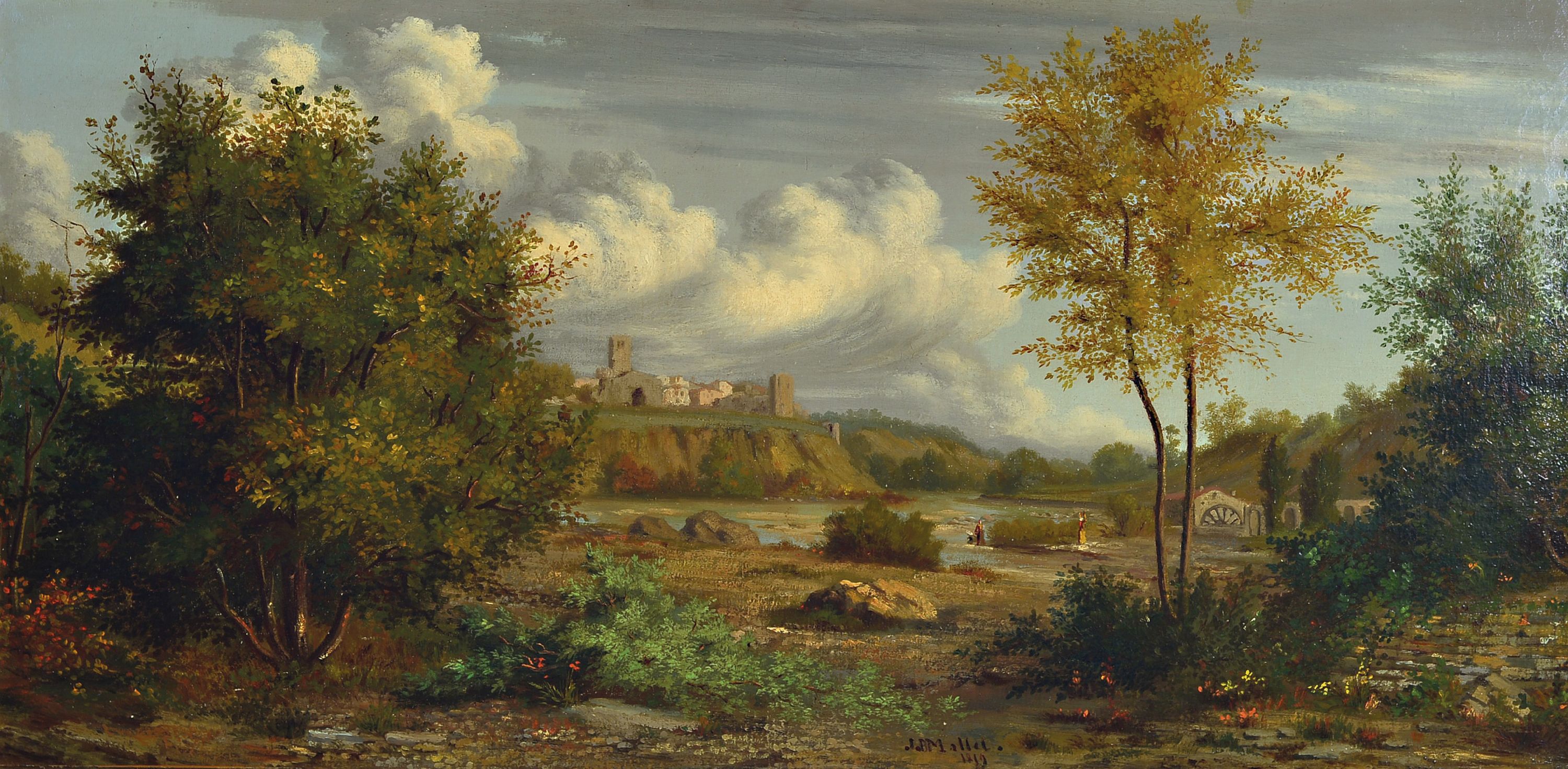 Image 27152290 - J.J. Mallet, datiert 1819, italienische Landschaft mit Stadt am Hochufer eines ...