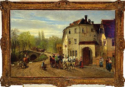 27152200k - Casimir Geibel, 1839 Kreuznach-1896 Weimar, Dorflandschaft mit Festzug vor der Brauerei, ...