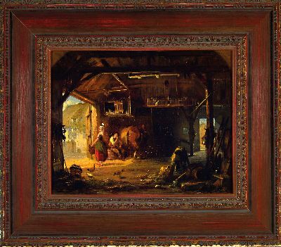 27152221k - Jean-Louis van Kuyck, 1821-1871 Antwerpen, Stallinterieur mit Magd und Hufschmied, links ...