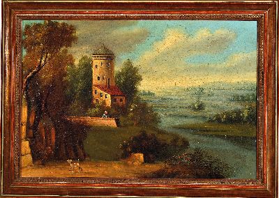 27152228k - Unbekannter Maler des 18. Jh., Burg am Flußufer, von der Balustrade blickt ein Mann, ...