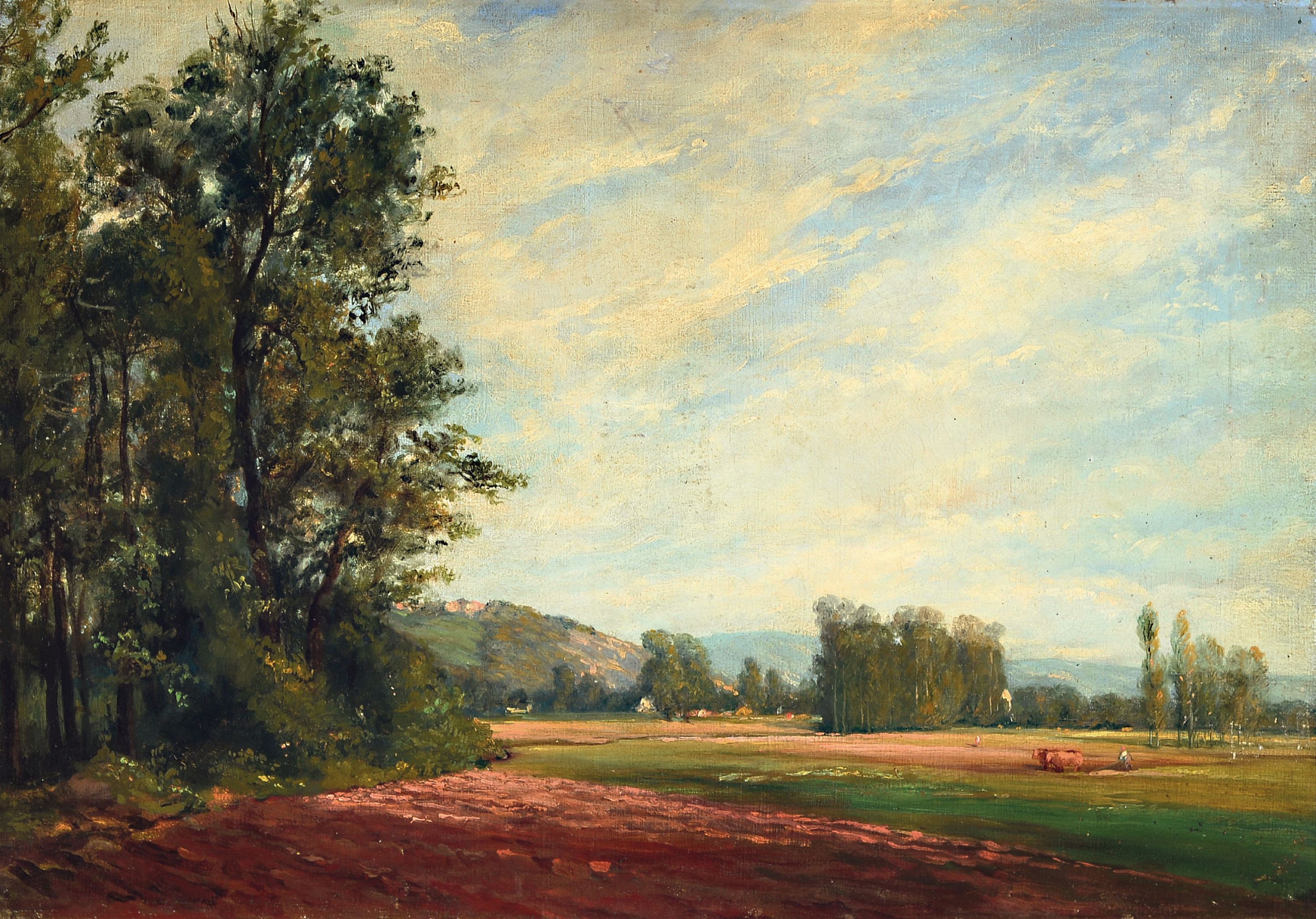 Image 27153164 - Unbekannter Künstler des 19. Jh., Weite Landschaft mit Baumgrupppen und pflügendem ...