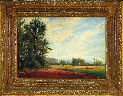 27153164k - Unbekannter Künstler des 19. Jh., Weite Landschaft mit Baumgrupppen und pflügendem ...
