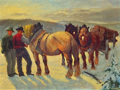 Image Werner Mappes, bäuerliche Szene, zwei Arbeiter mit Arbeitspferden, Öl/Platte, li. ...