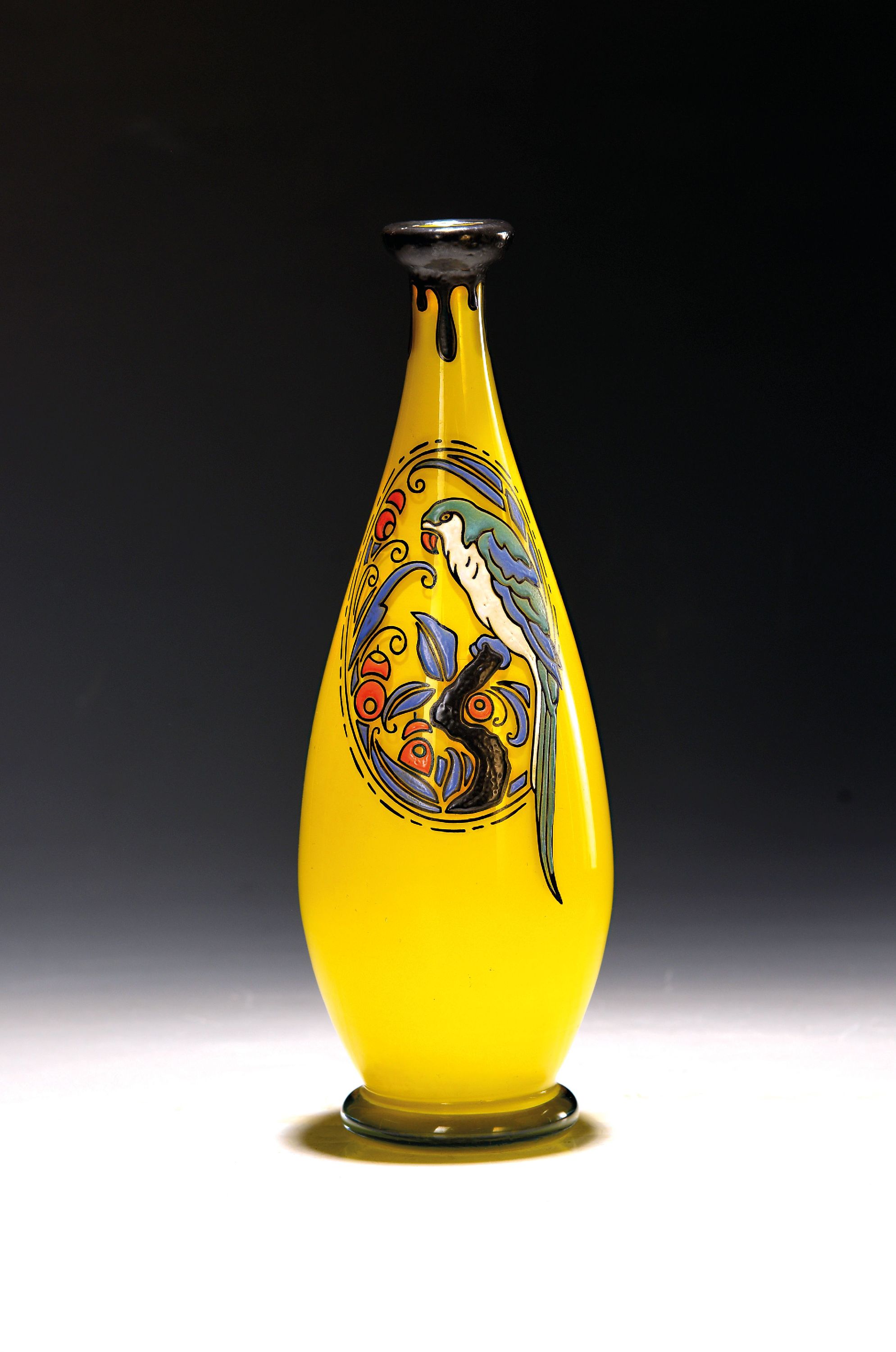 Image 27153313 - Vase, Delatte, Nancy, um 1920, farbloses Glas, gelber Innenüberfang, Emailmalerei mit ...