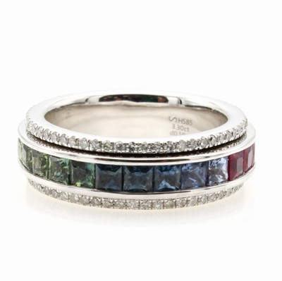 27155790b - Ring mit Saphiren und Brillanten, WG 585/000, 25 bunte Saphircarées zus. ca. 3.30 ct, ...