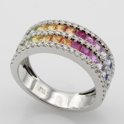 27155792a - Ring mit Saphiren und Brillanten, WG 585/000, 28 bunte Saphire zus. ca. 2.29 ct, 72 ...