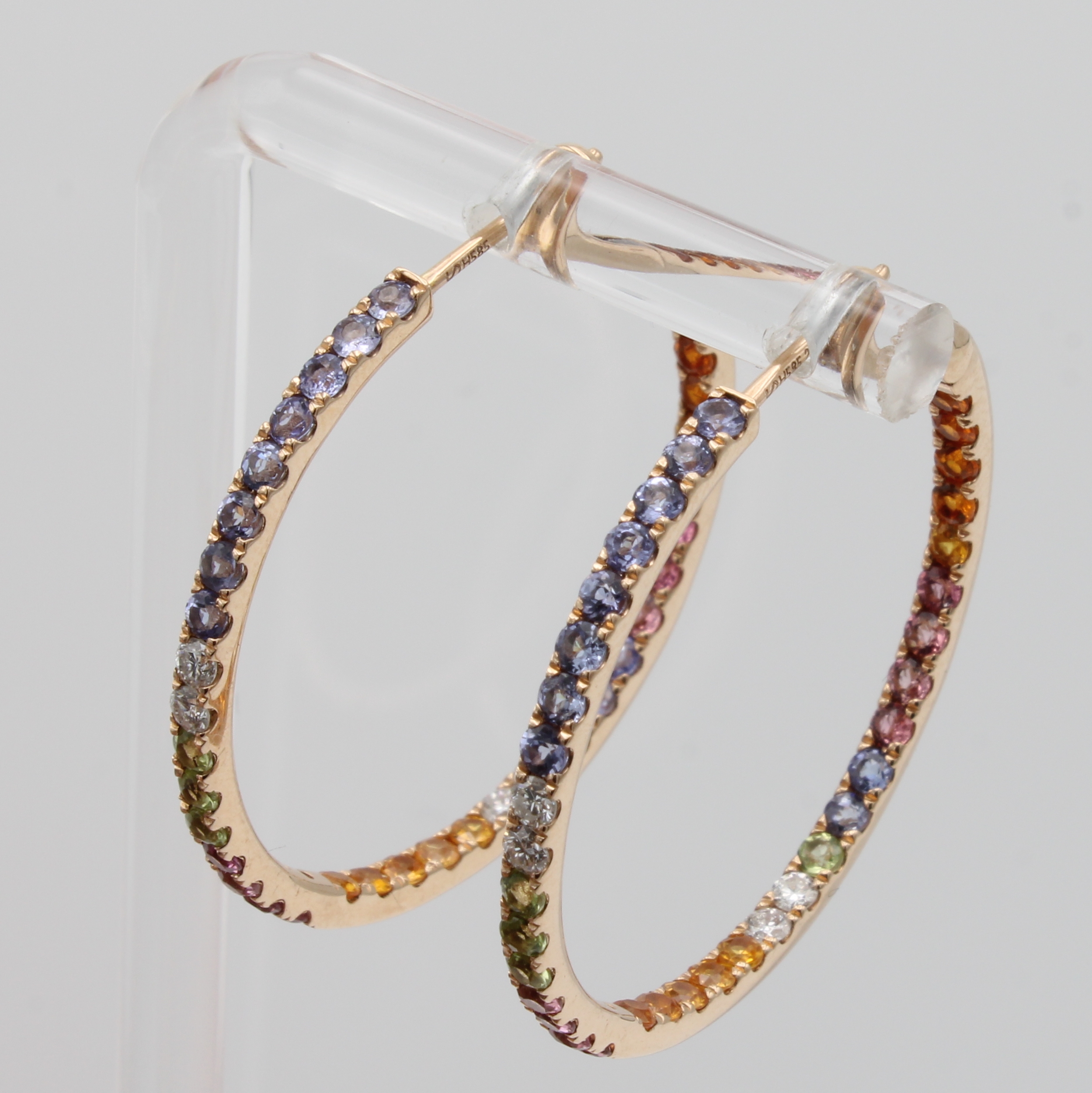 Image 27156637 - Paar Creolen mit Farbsteinen und Brillanten, RoséG 585/000, 8 Brill. zus. ca. 0.28 ct ...