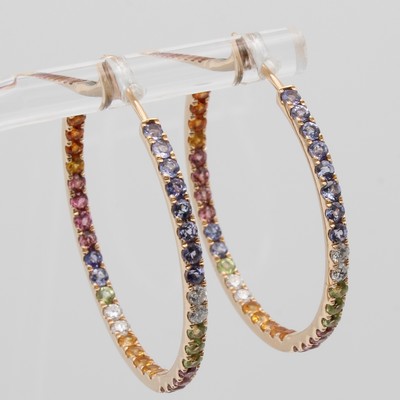 27156637a - Paar Creolen mit Farbsteinen und Brillanten, RoséG 585/000, 8 Brill. zus. ca. 0.28 ct ...