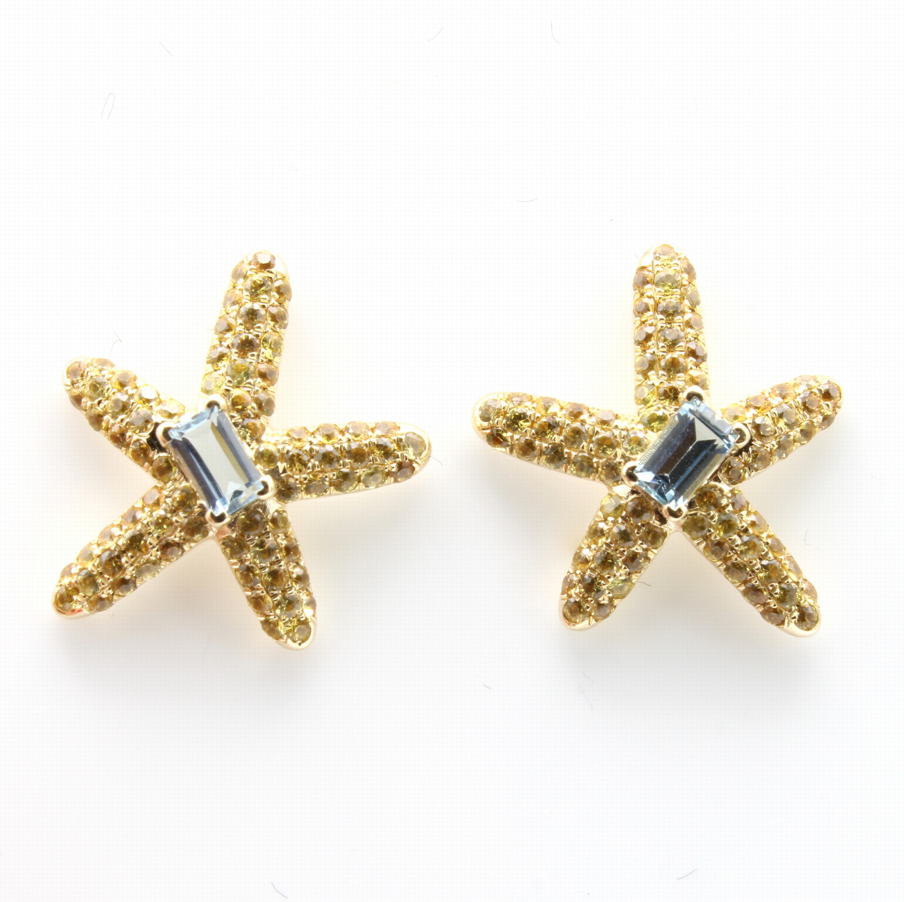 Image 27156704 - Paar Ohrstecker ´Seesterne´ mit Aquamarinen und Saphiren, GG 585/000, 2 Aquamarine zus. ...