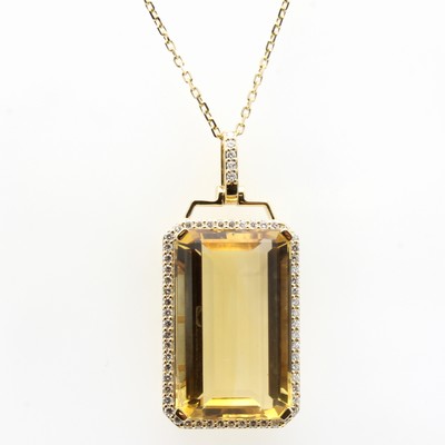 27157191a - Anhänger mit Citrin und Brillanten an Kette, GG 585/000, Citrin ca. 22.6 ct, Brill. zus. ...