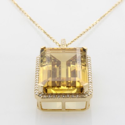 27157191b - Anhänger mit Citrin und Brillanten an Kette, GG 585/000, Citrin ca. 22.6 ct, Brill. zus. ...