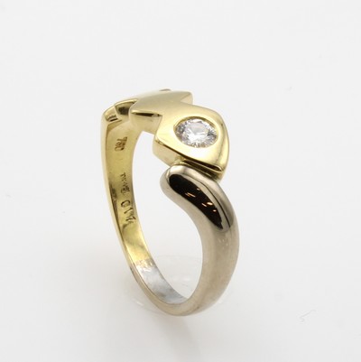 27165369a - Ring mit Brillant, GG 750/000, gezackter Ringkopf, Brill. ca. 0.17 ct feines Weiß/vsi, ...