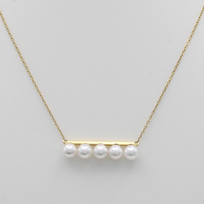 Image Collier mit Akoyazuchtperlen, GG 750/000, 5 weiße Perlen an GG Stab ca. 6 mm, in L. ca. ...