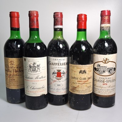 Image 11 bottles Bordeaux, 70s, 1977 Ch. Claire Abbaye; 5 bottles Ch. Montrose Saint Estephe; 1 ...