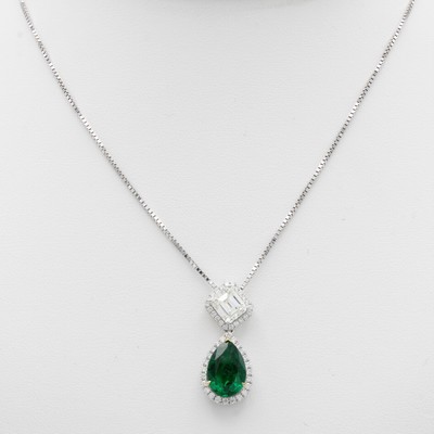 Image Anhänger mit Smaragd, Diamant und Brillanten an Kette, WG 750/000, Smaragdtropfen v. ...