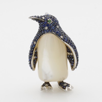 Image Anhänger/Brosche ´Pinguin´ mit Perlmutt, Saphiren und Brillanten, WG 750/000, Perlmutt ...