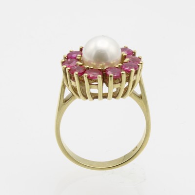 Image Ring mit Süßwasserzuchtperle und Brillanten, GG 585/000, rund fac. Rubine, RW ca. 57 ...